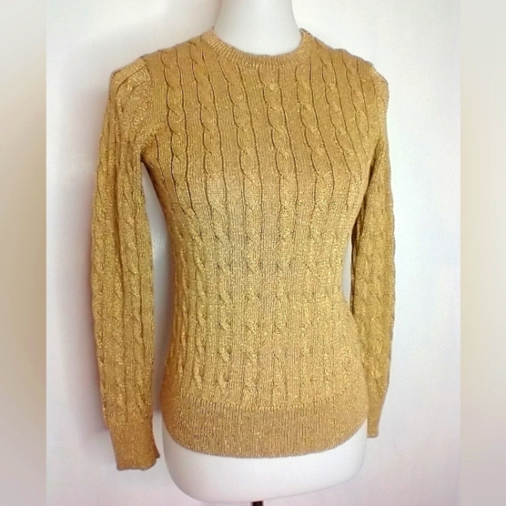 LAUREN GOLD COTTON CABLE KNIT SWEATER